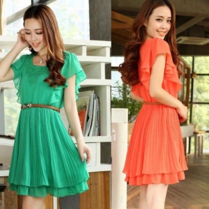 Women's Graceful Flouncing Short Sleeve Chiffon Pleated Dress with Belt